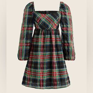 Puff-sleeve mini dress in Stewart tartan